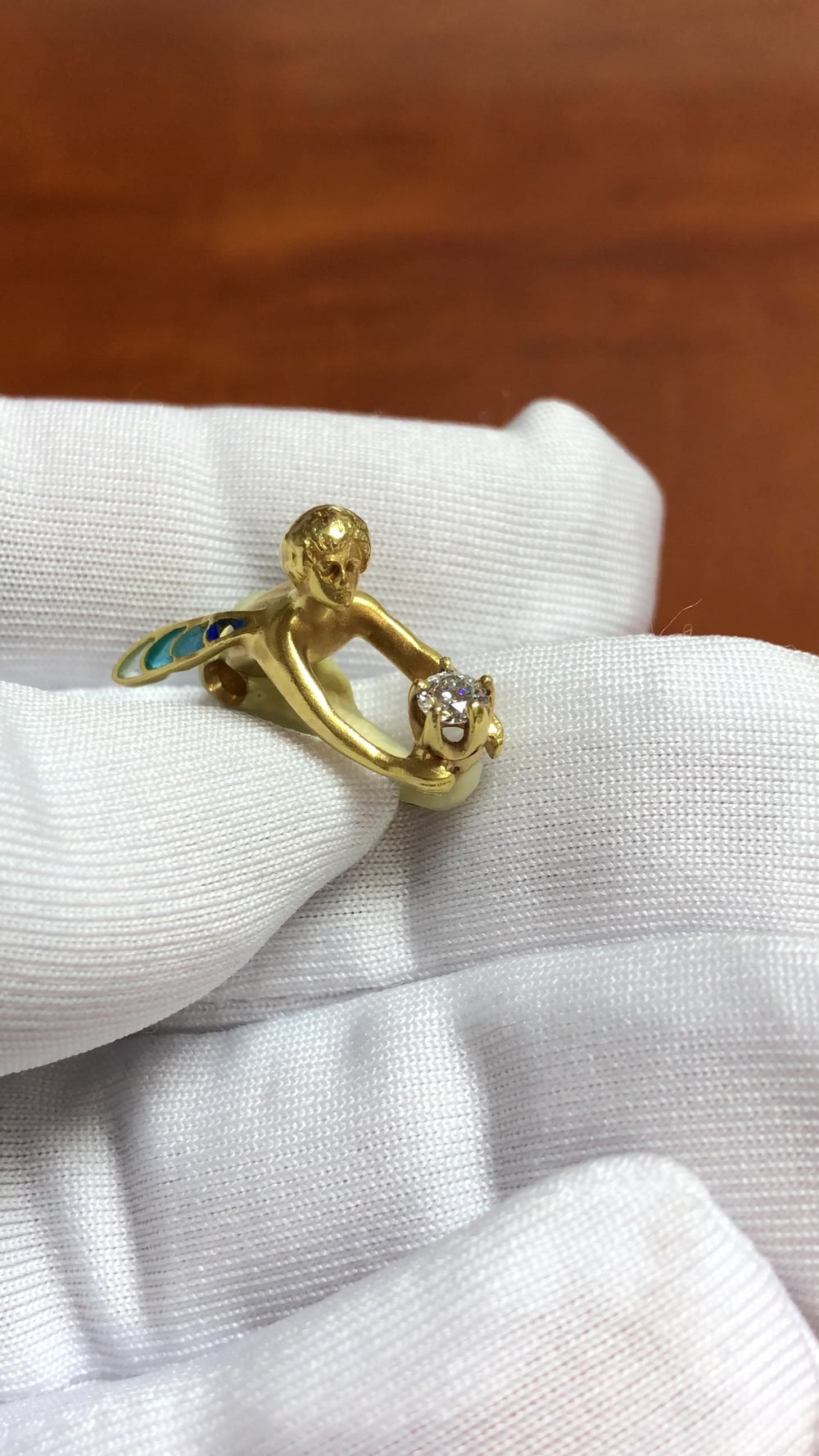 Masriera 18K Yellow Gold Plique-à-Jour Enamel Fairy Diamond Pendant