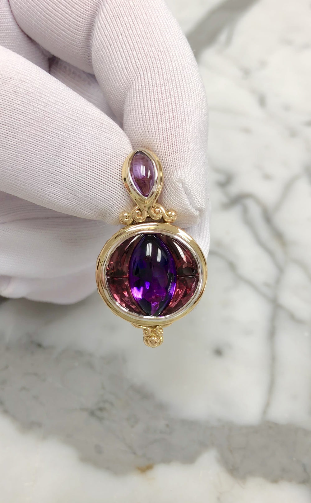 Vintage John Hardy 18K Yellow & White Gold Amethyst Gemstone Batu Sari Pendant
