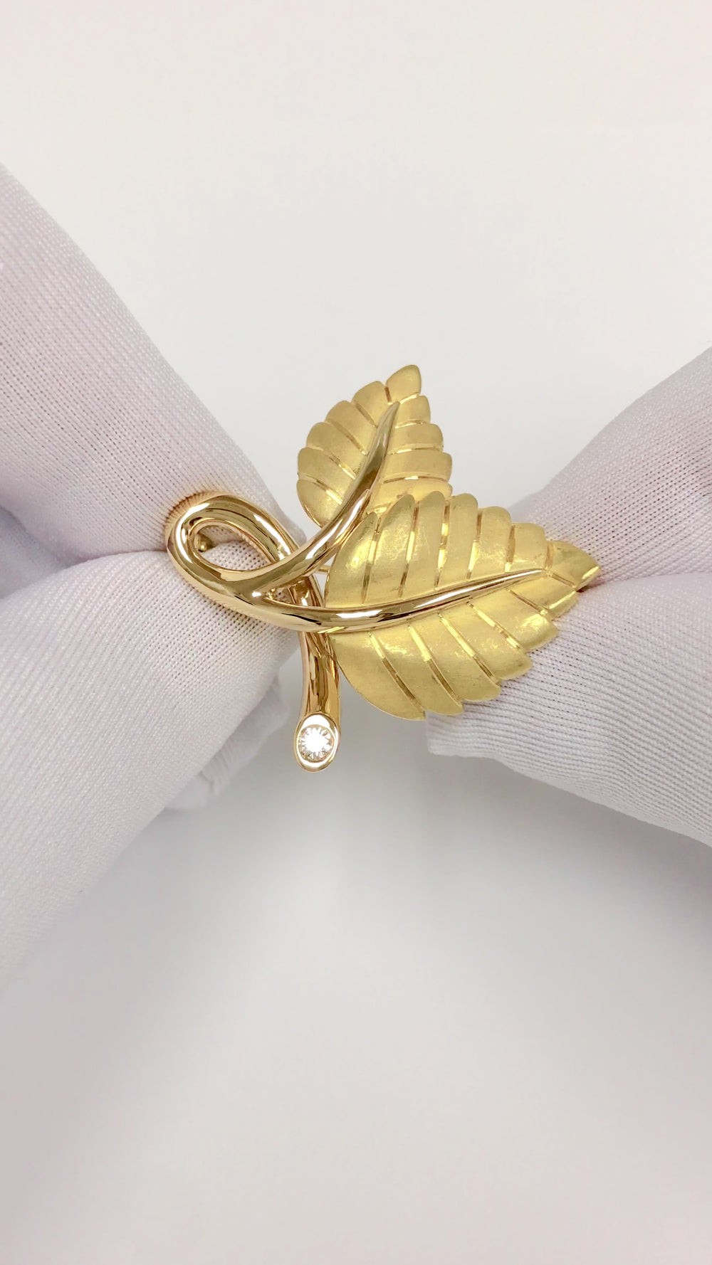 Vintage Tiffany & Co. 18K Yellow Gold Double Leaf Brooch with Diamond Accent