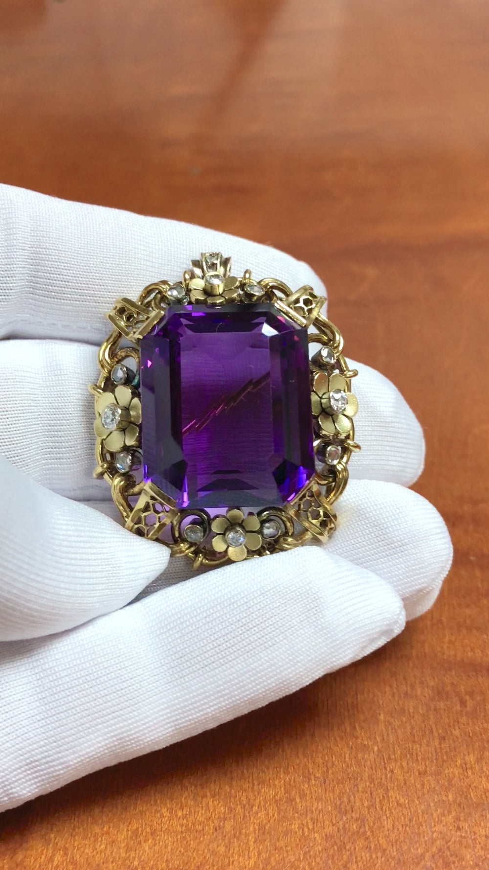 Retro 14K Yellow Gold Large Amethyst & Diamond Pendant Brooch c.1940s