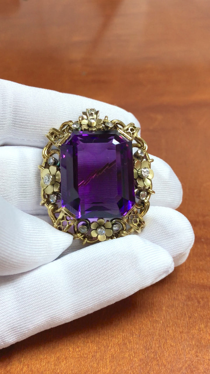 Retro 14K Yellow Gold Large Amethyst & Diamond Pendant Brooch c.1940s