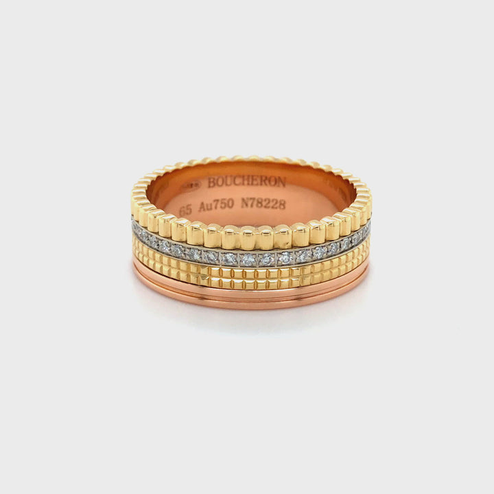 Boucheron Quatre Classique 18K Pink, Yellow and White Gold Diamond Band Ring Size 11