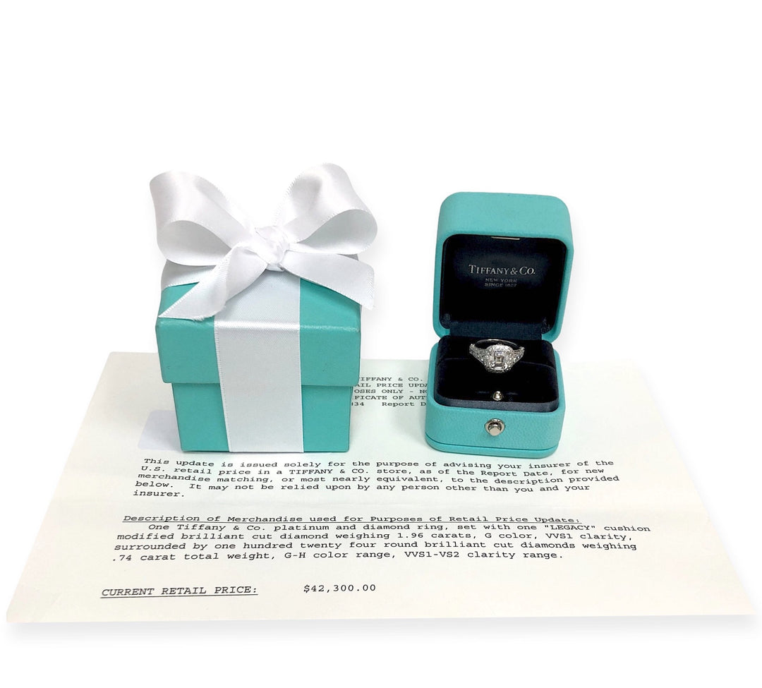 Tiffany & Co. Platinum Legacy Cushion Diamond Engagement Ring 2.70cts. TW GVVS1