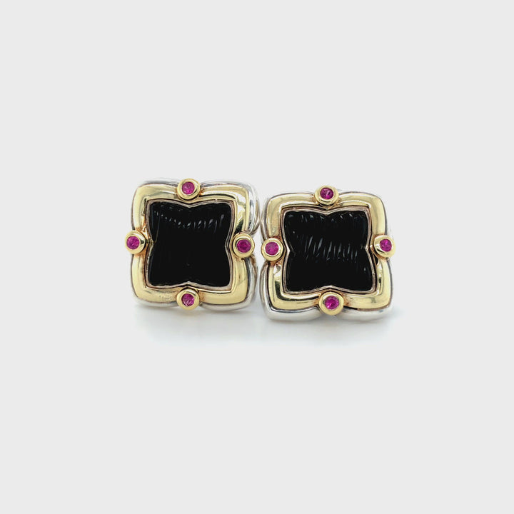 David Yurman Quatrefoil Silver and 18K Gold Carved Onyx and Pink Tourmaline Clip Large Earrings