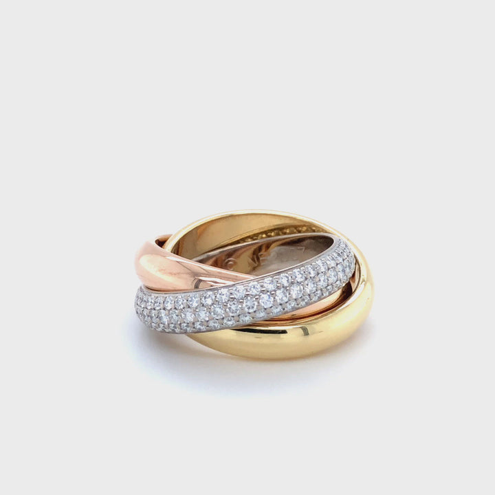 Cartier 18K Tri-Color Gold Pave Diamond Trinity Rolling Ring Size 4