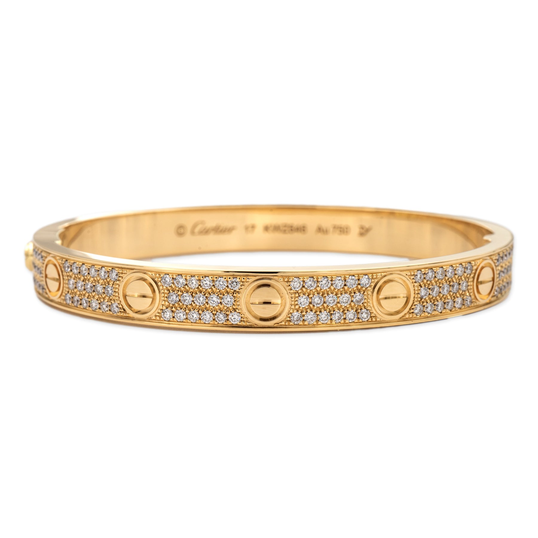 Cartier Love Bangle Bracelet Diamond Paved 18K Yellow Gold Size 17