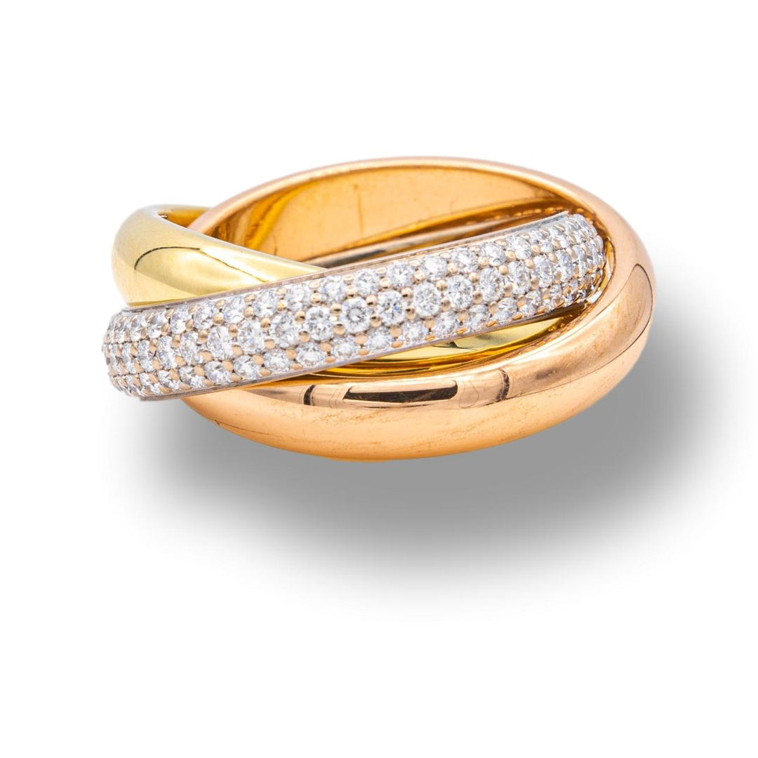 Cartier 18K Tri-Color Gold Pave Diamond Trinity Rolling Ring Size 4