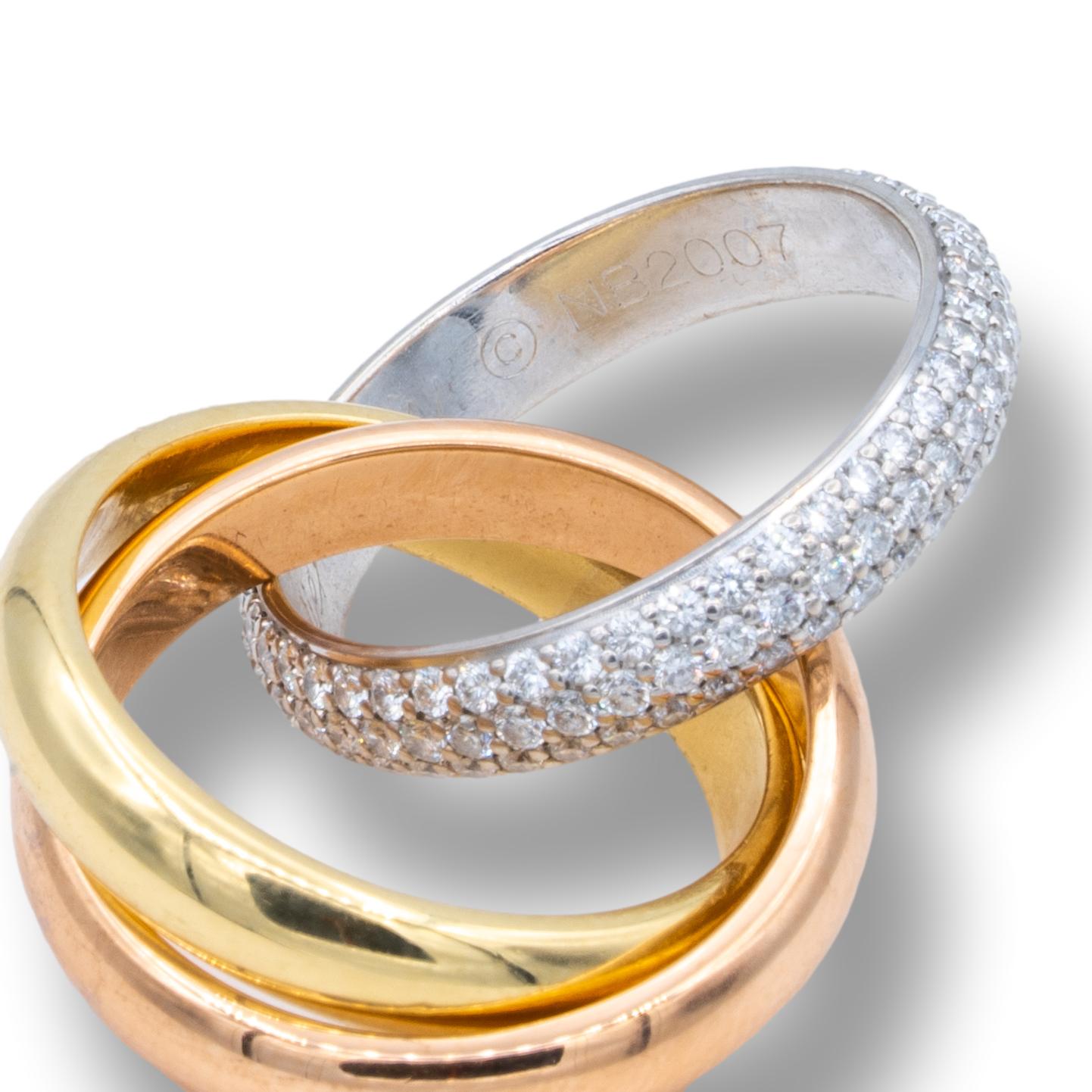 Cartier 18K Tri-Color Gold Pave Diamond Trinity Rolling Ring Size