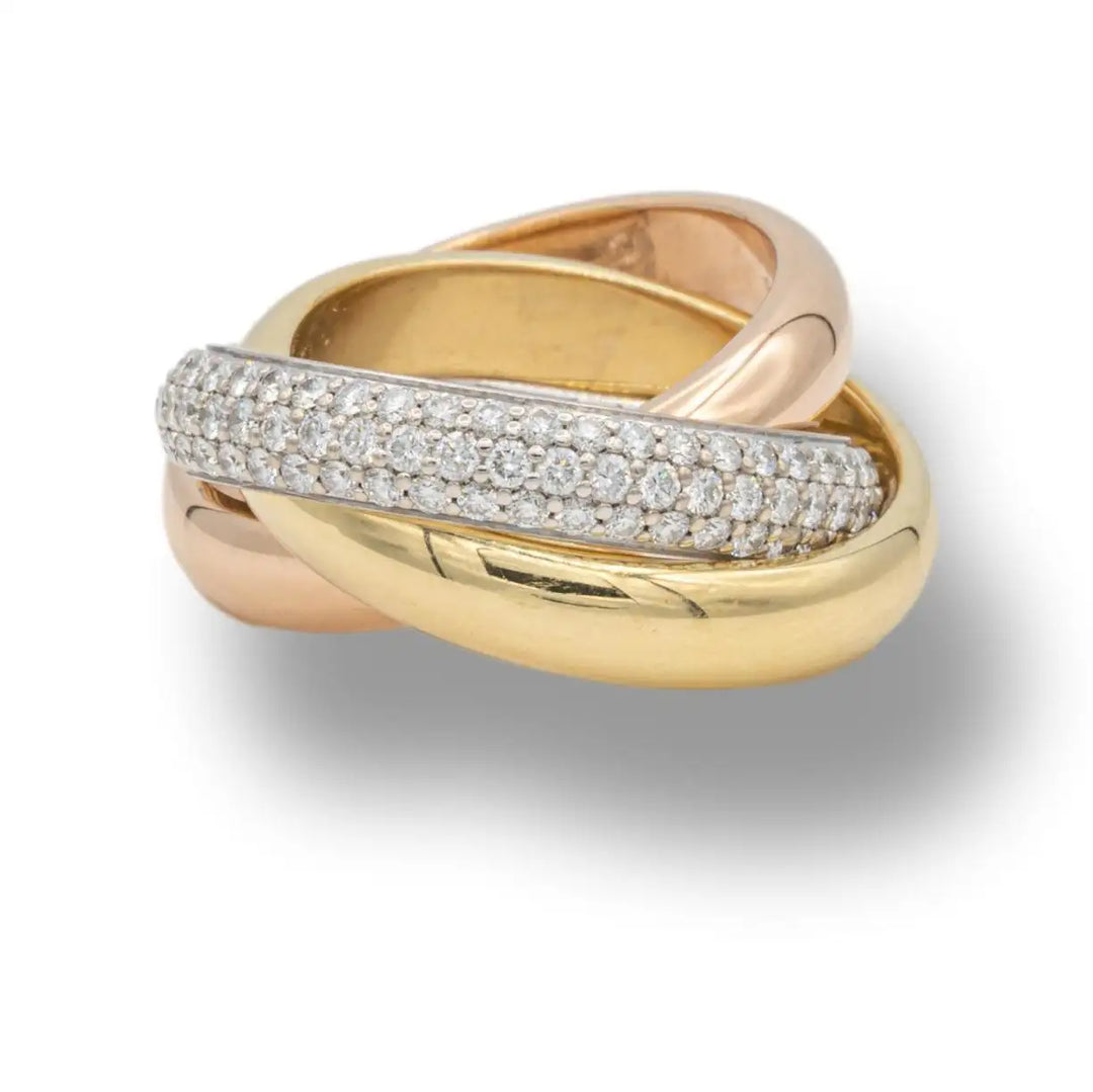 Cartier 18K Tri Color Gold Pave Diamond Trinity Rolling Ring Size 4 The Diamond Oak