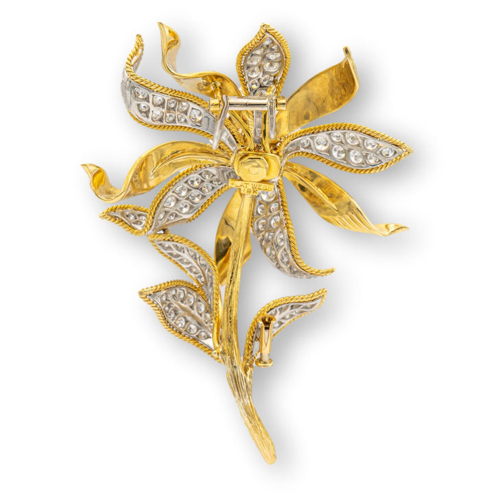 David Webb 18K Yellow Gold and Platinum En-Tremblant Diamond Flower Brooch