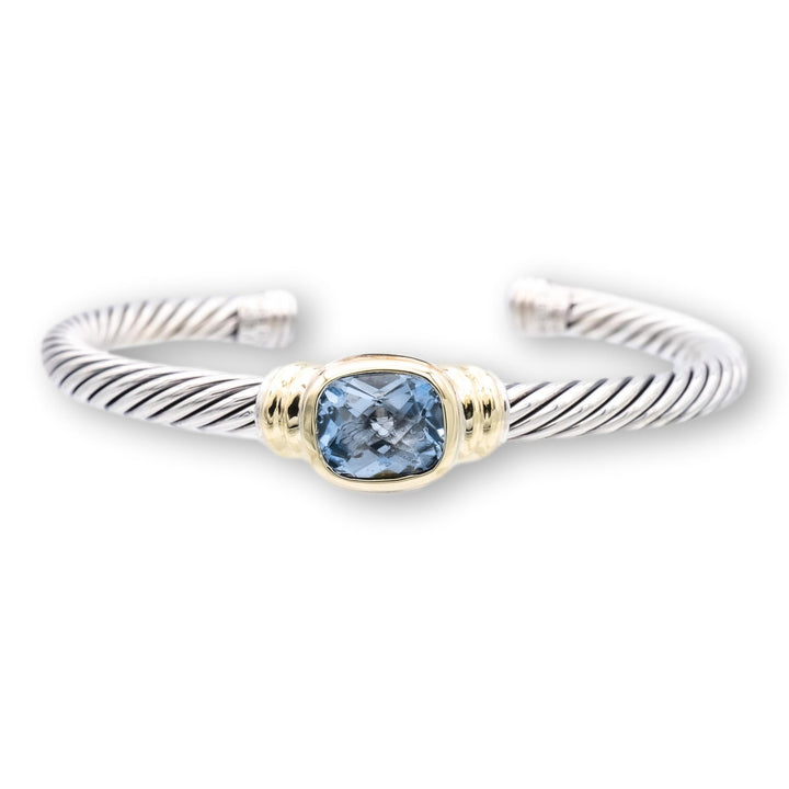 David Yurman Silver Noblesse 14k Yellow Gold Silver Cable Blue Topaz Open Cuff Bracelet