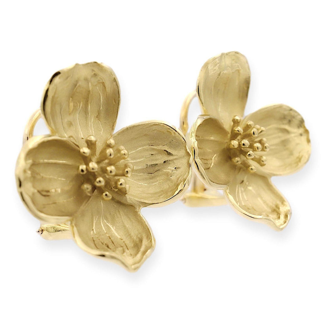 Vintage 18K Yellow Gold Dogwood Flower Clip Earrings, Large