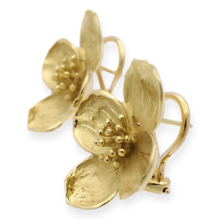 Vintage 18K Yellow Gold Dogwood Flower Clip Earrings, Large