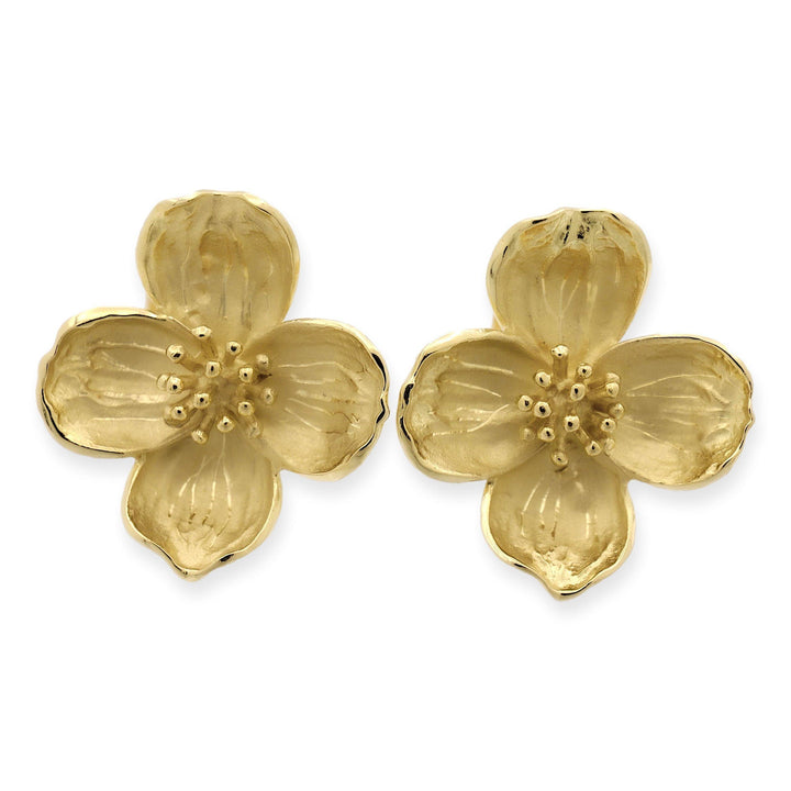 Vintage 18K Yellow Gold Dogwood Flower Clip Earrings, Large