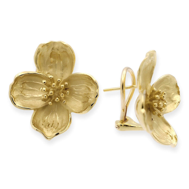 Vintage 18K Yellow Gold Dogwood Flower Clip Earrings, Large