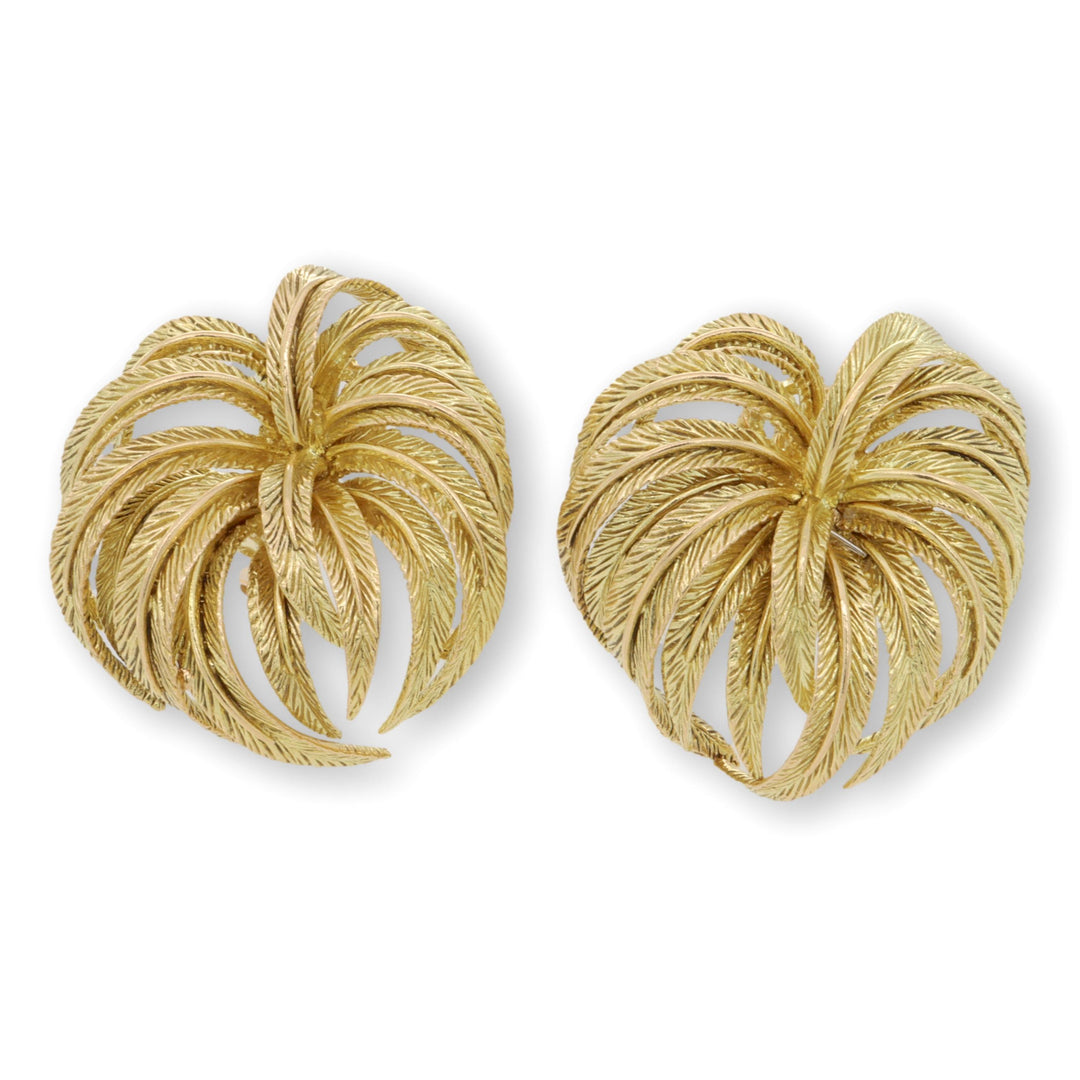 Vintage 18K Yellow Gold Large Omega Clip Earrings Palm Leaf Motif  Circa 1950's