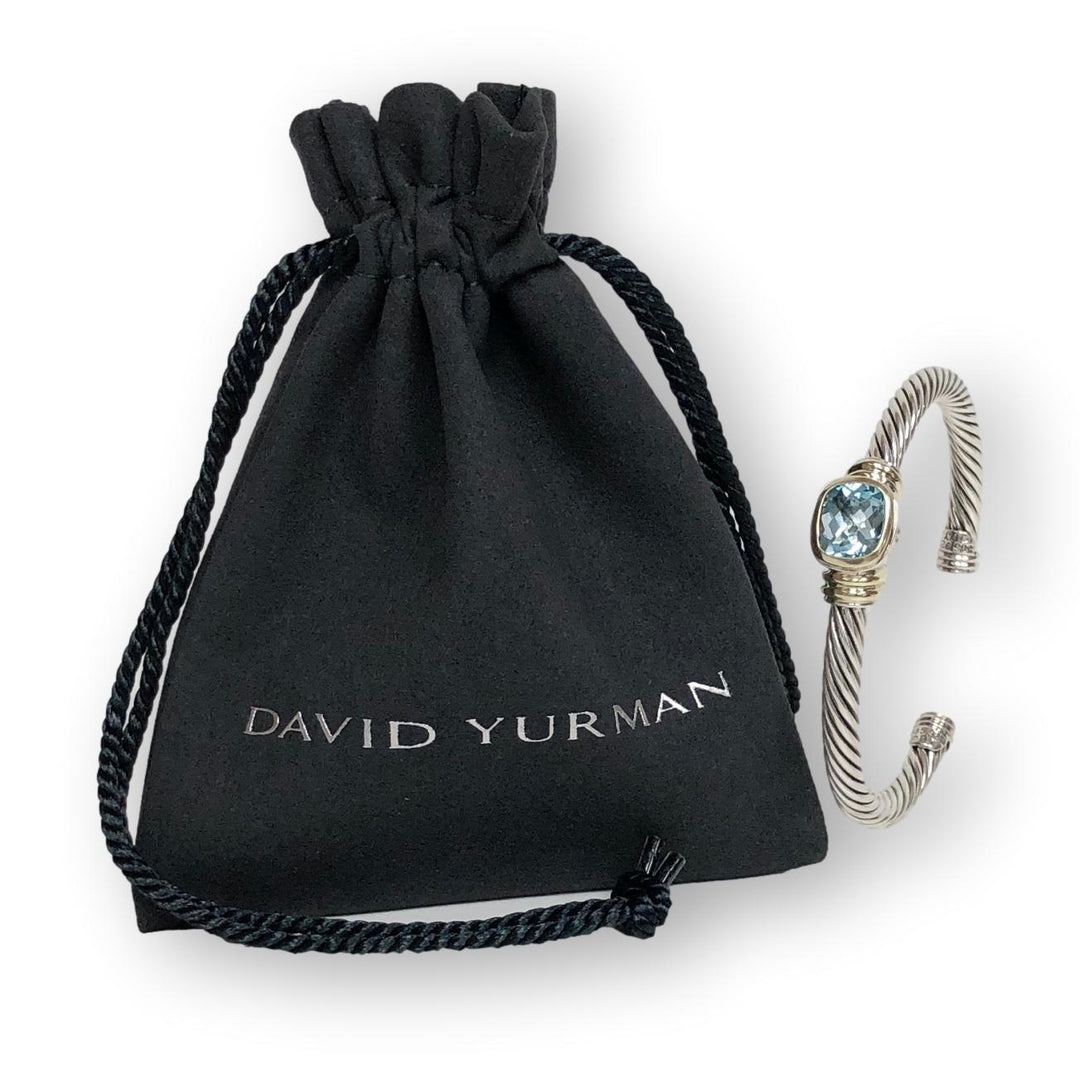 David Yurman Silver Noblesse 14k Yellow Gold Silver Cable Blue Topaz Open Cuff Bracelet
