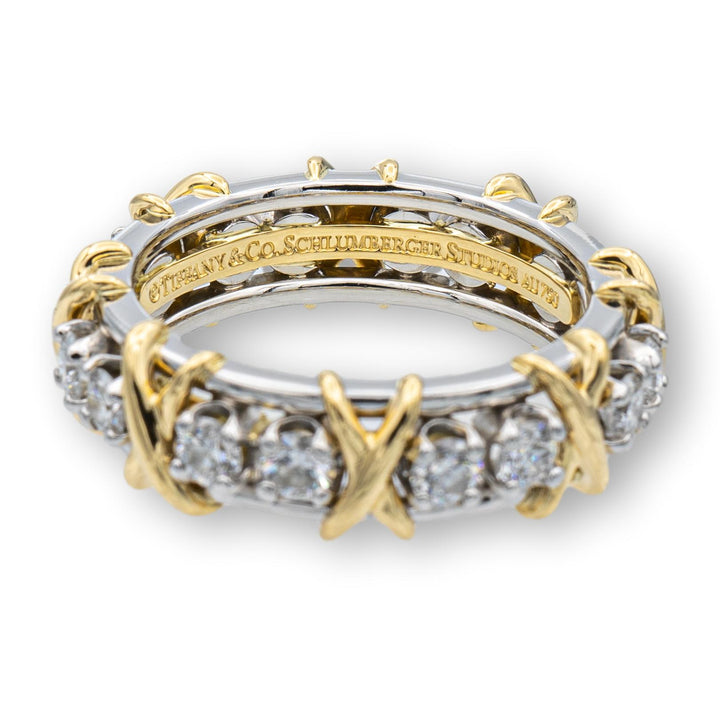 Tiffany & Co. Platinum and 18K Yellow Gold Schlumberger 16 Stone Diamond X Ring Size 7.25 w/Receipt