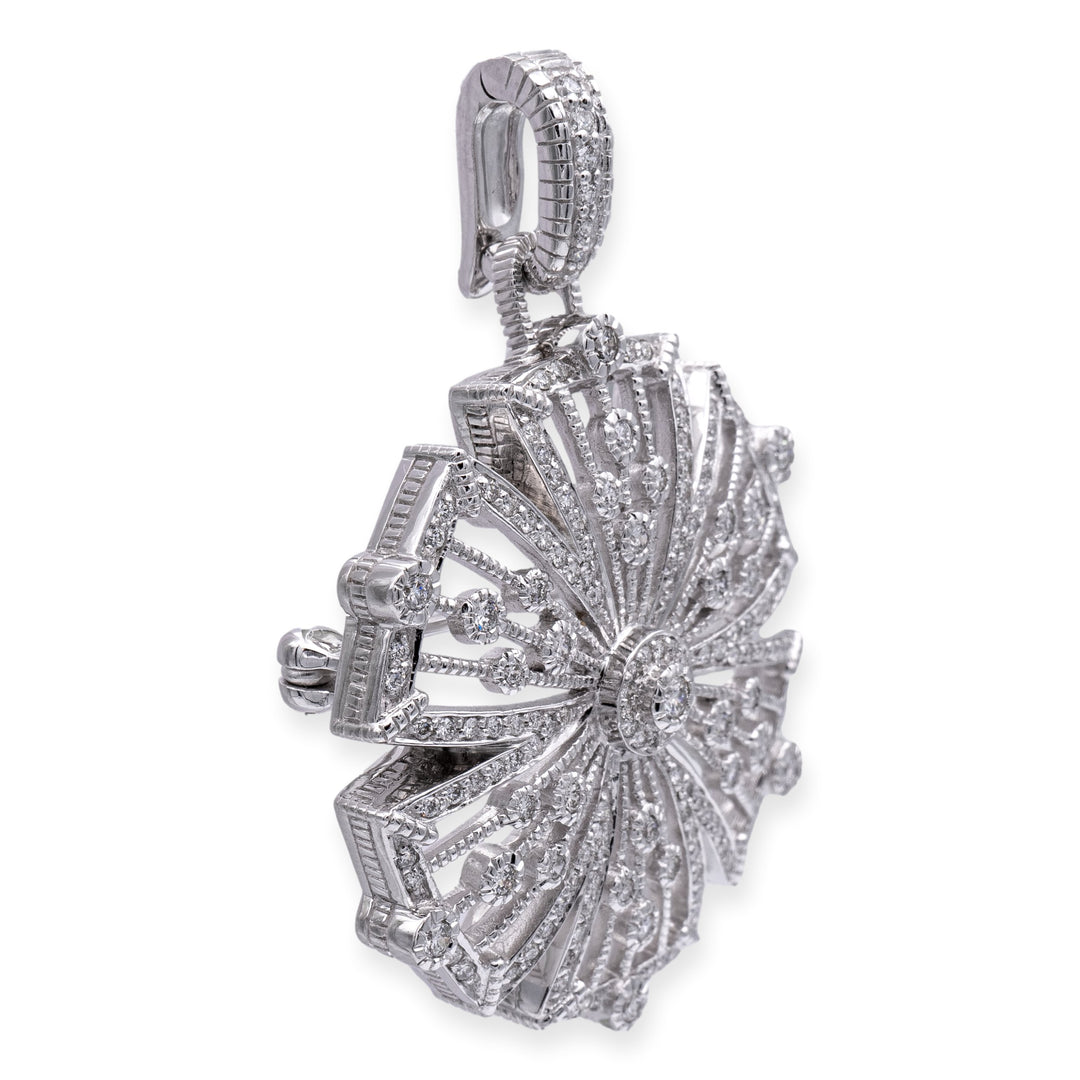 Vintage Judith Ripka 18K White Gold Round Diamond Filligree Brooch Pendant