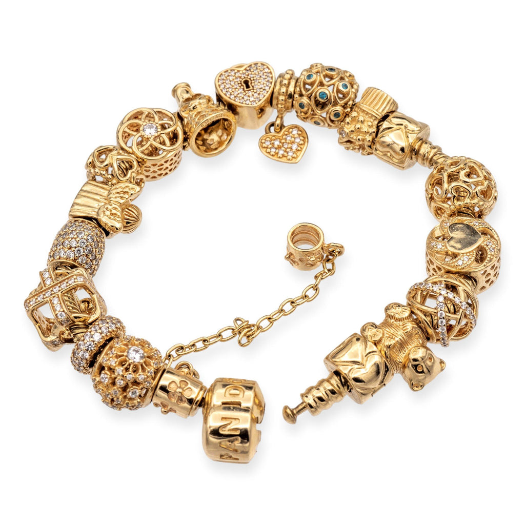 Pandora 14k Yellow Gold Bracelet 925 Sterling Heart Charms Safety Chain  (R694) | eBay