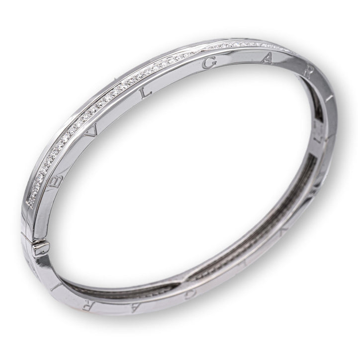 Bulgari B-Zero1 18K White Gold Round Pave Diamond Bangle Bracelet Large Size