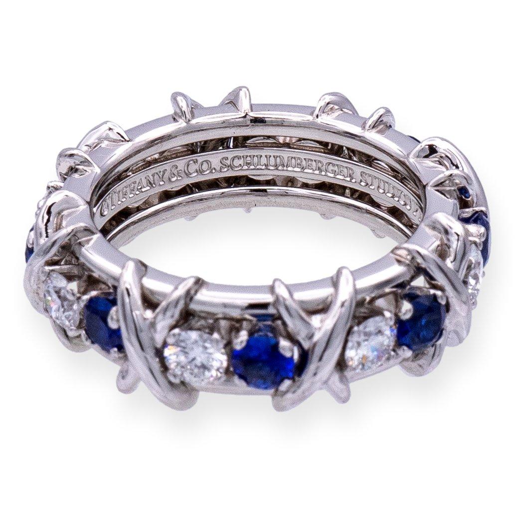 Tiffany & Co Platinum Schlumberger 16 Stone Sapphire Diamond X Ring Size 4