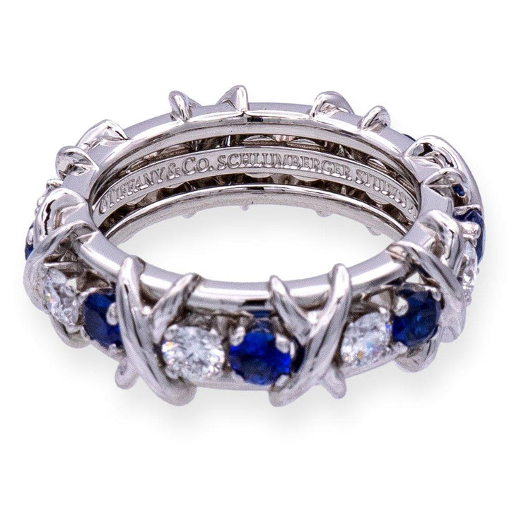 Tiffany & Co Platinum Schlumberger 16 Stone Sapphire Diamond X Ring Size 4