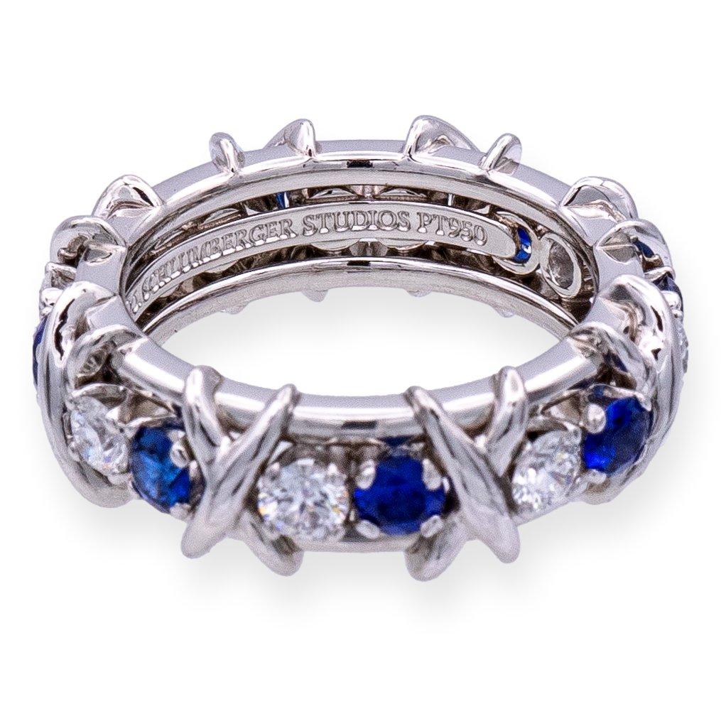 Tiffany & Co Platinum Schlumberger 16 Stone Sapphire Diamond X Ring Size 4