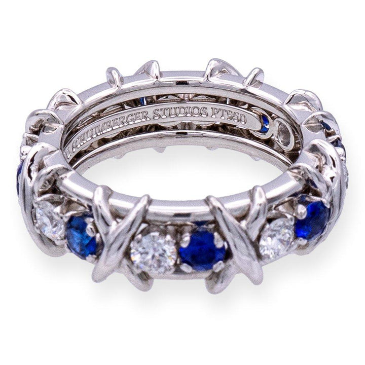 Tiffany & Co Platinum Schlumberger 16 Stone Sapphire Diamond X Ring Size 4