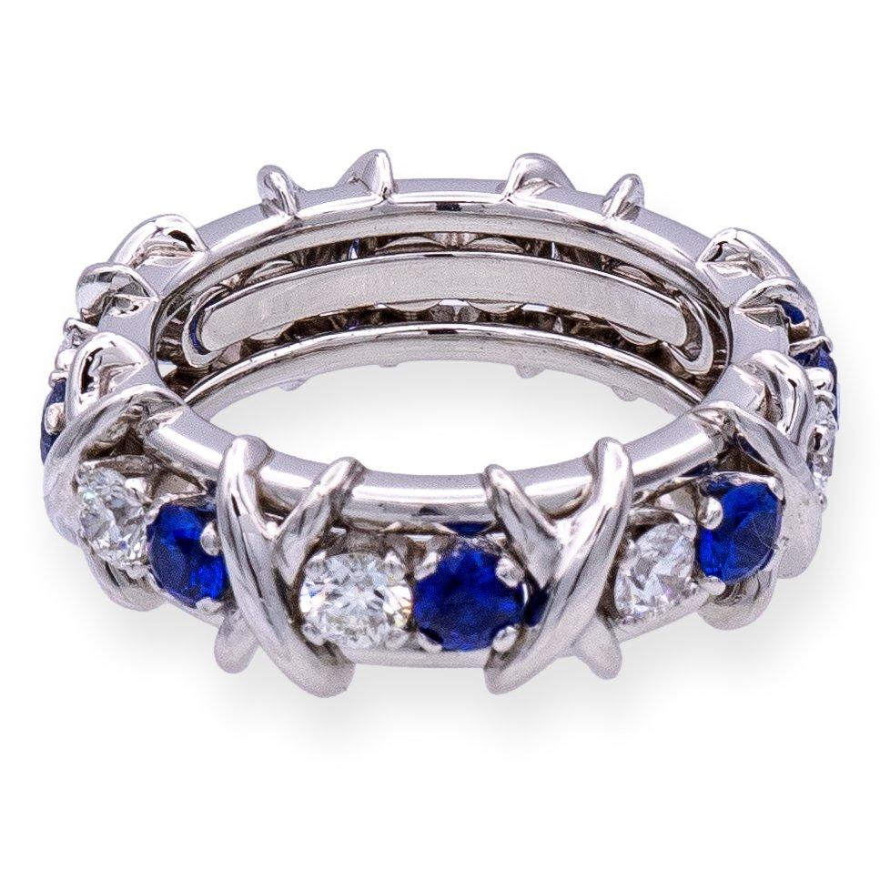 Tiffany & Co Platinum Schlumberger 16 Stone Sapphire Diamond X Ring Size 4
