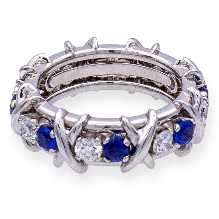 Tiffany & Co Platinum Schlumberger 16 Stone Sapphire Diamond X Ring Size 4