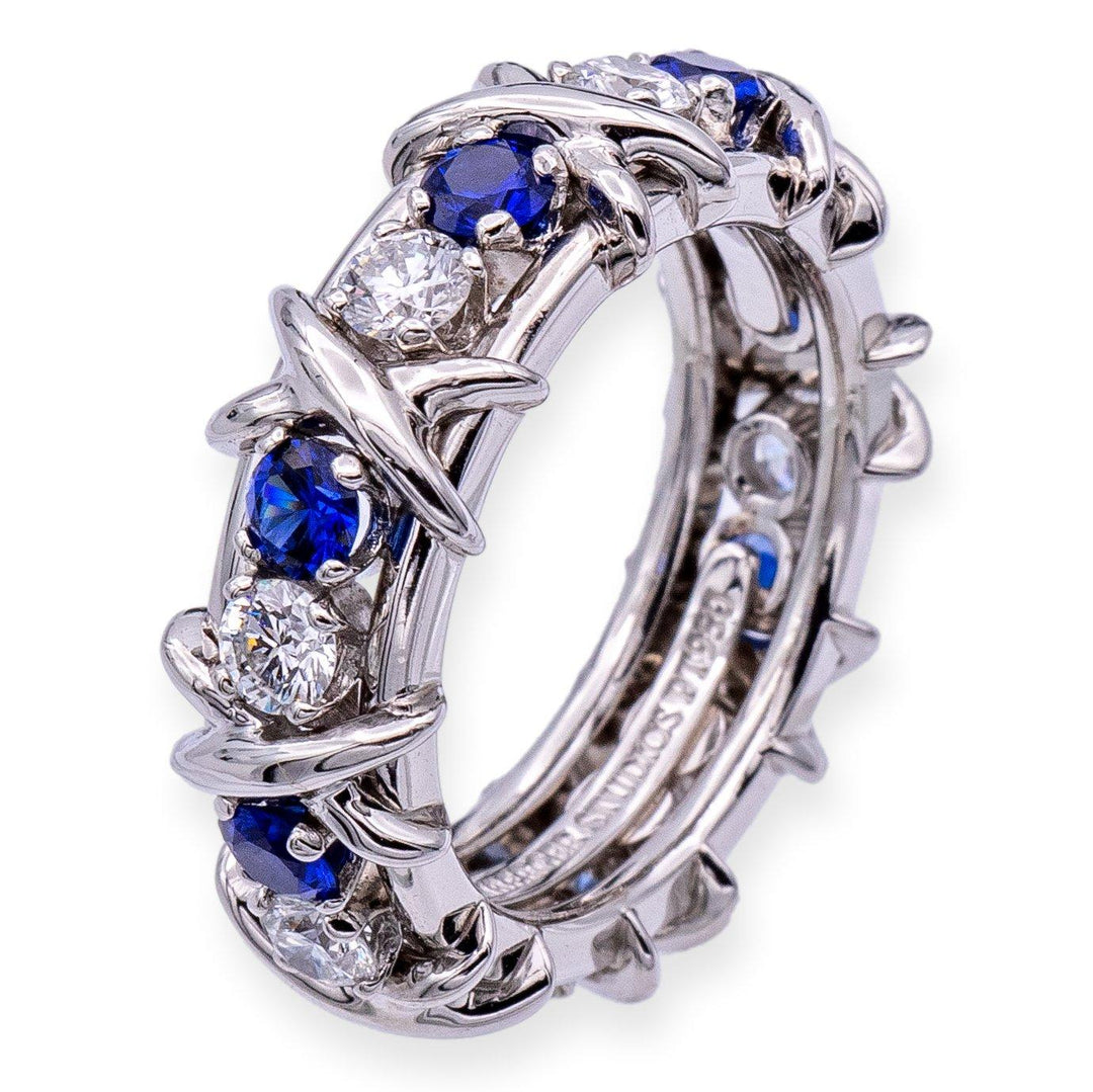 Tiffany & Co Platinum Schlumberger 16 Stone Sapphire Diamond X Ring Size 4