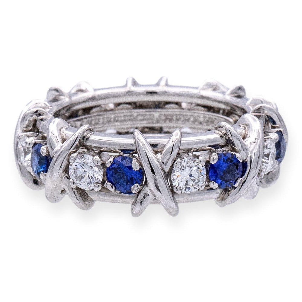 Tiffany & Co Platinum Schlumberger 16 Stone Sapphire Diamond X Ring Size 4