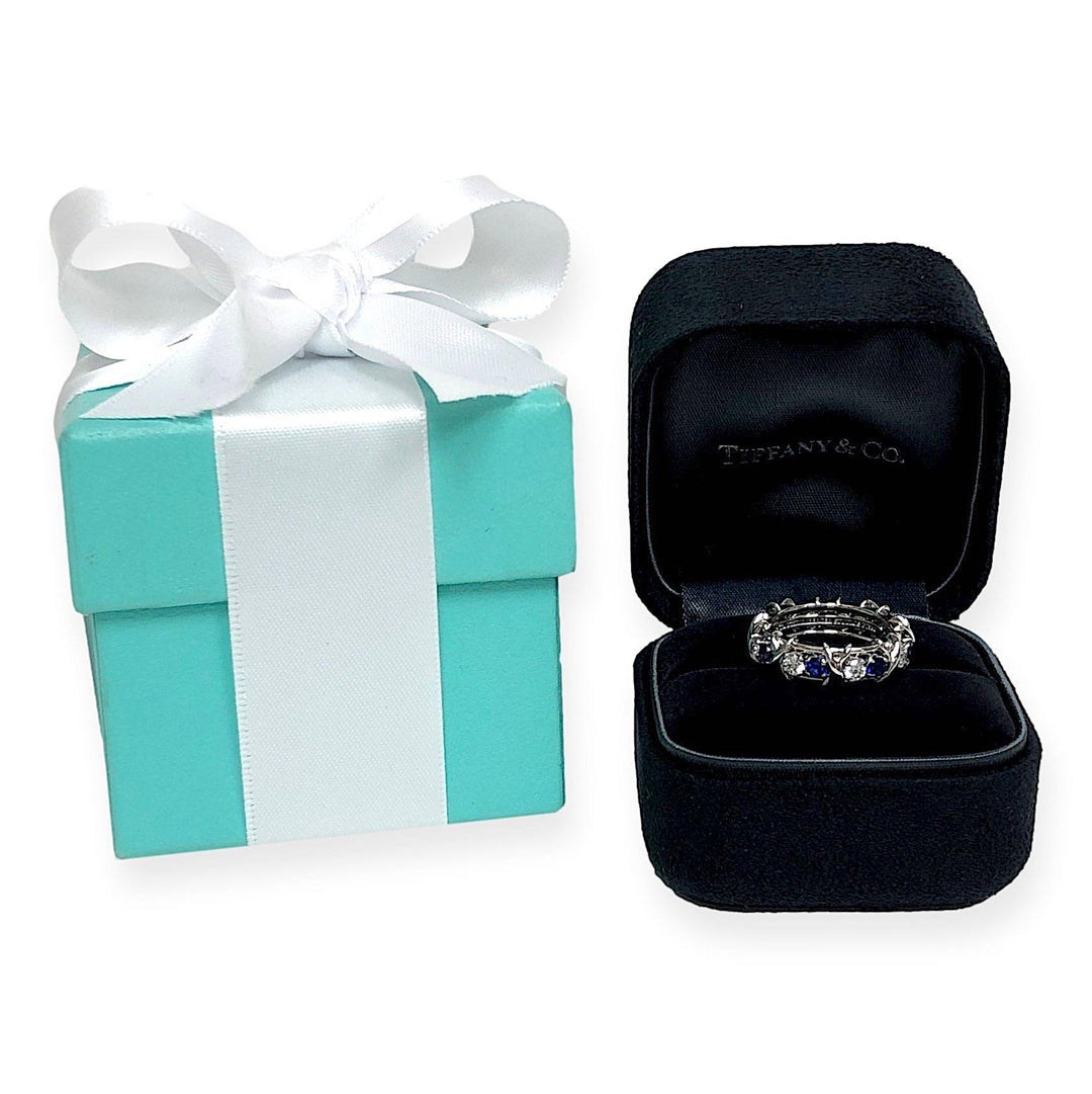 Tiffany & Co Platinum Schlumberger 16 Stone Sapphire Diamond X Ring Size 4