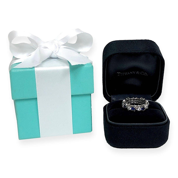 Tiffany & Co Platinum Schlumberger 16 Stone Sapphire Diamond X Ring Size 4