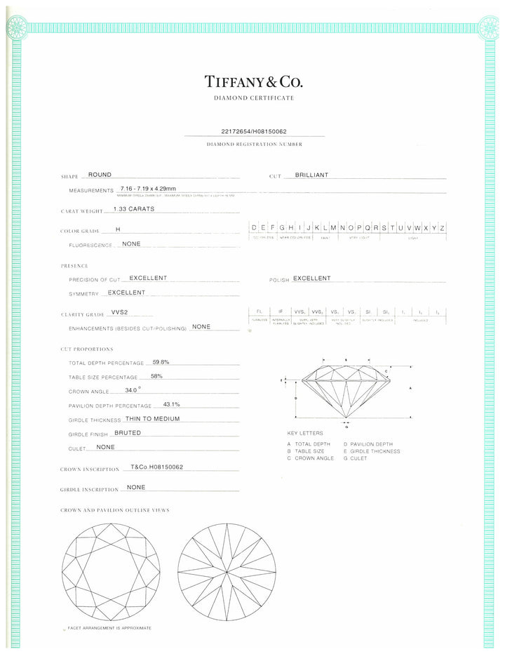 Tiffany & Co. Platinum Solitaire Round Diamond Engagement Ring 1.33 HVVS2