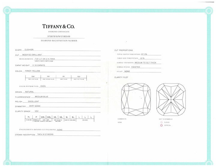 Tiffany & Co Platinum Soleste Fancy Yellow Cushion Diamond Engagement Ring 2.58 ct TW