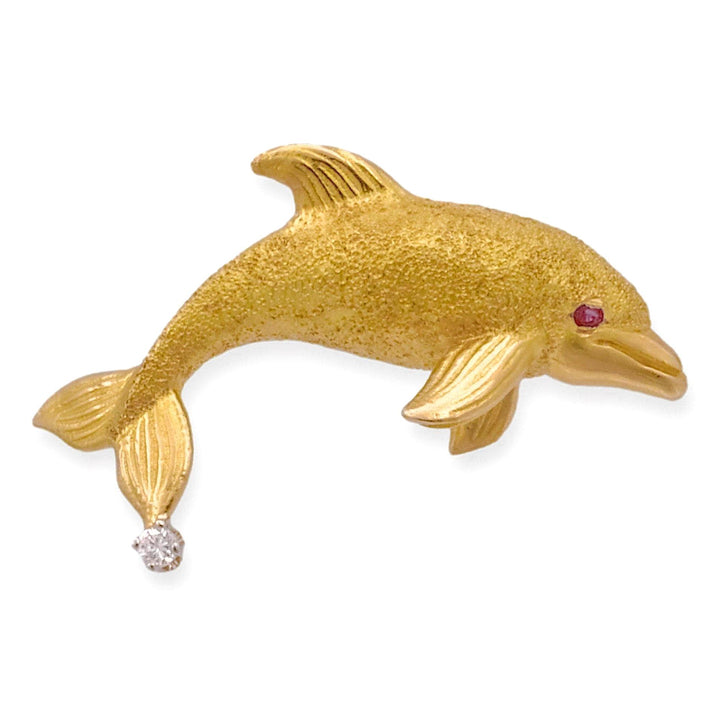 Tiffany & Co. 18K Yellow Gold Diamond Ruby Dolphin Brooch