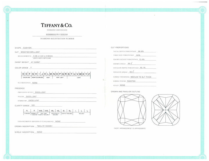 Tiffany & Co. Soleste Platinum Cushion Diamond Engagement Ring .82ct TW FVS1