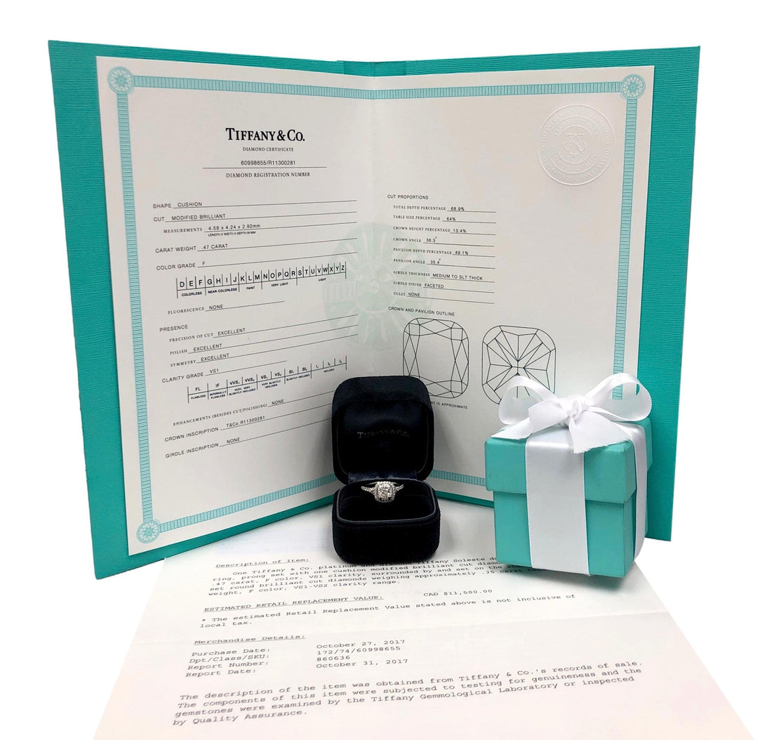 Tiffany & Co. Soleste Platinum Cushion Diamond Engagement Ring .82ct TW FVS1