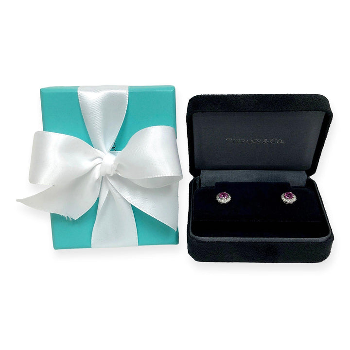 Tiffany & Co. Platinum Soleste Halo Round Pink Sapphire Diamond Stud Earrings