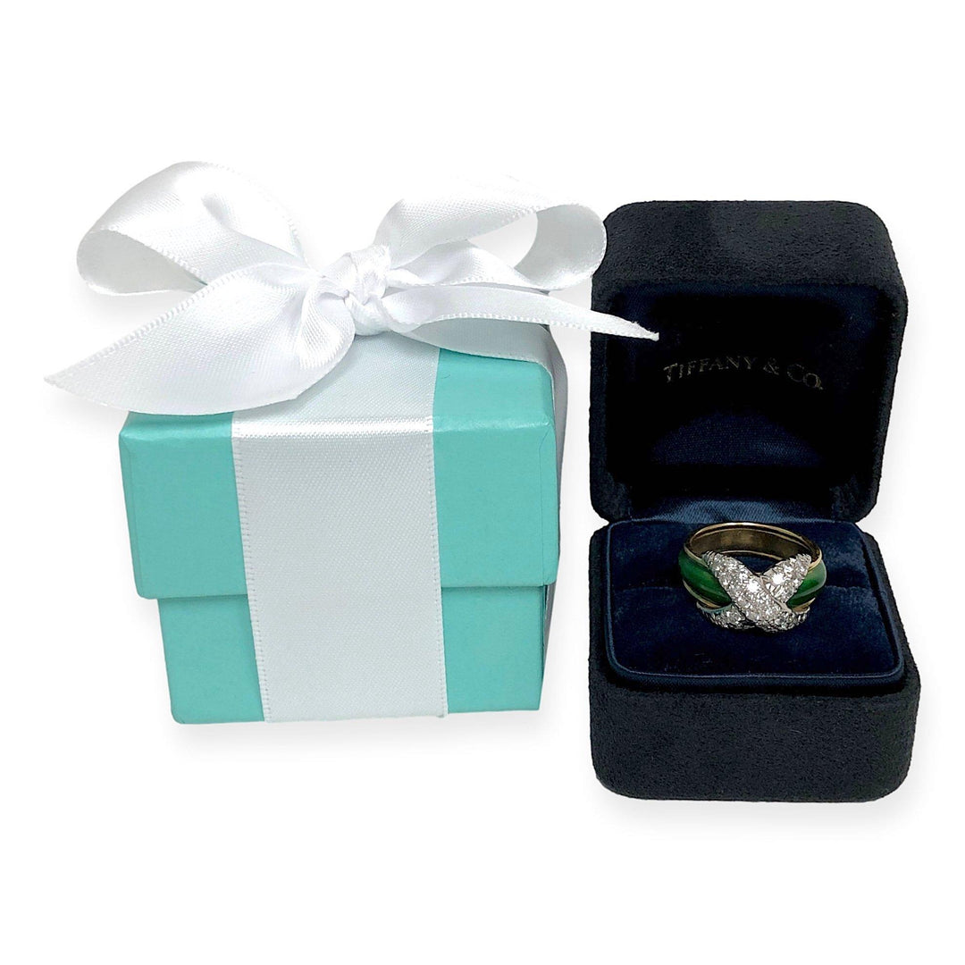 Tiffany & Co. Platinum 18K Yellow Gold Diamond X Schlumberger Green Enamel Ring