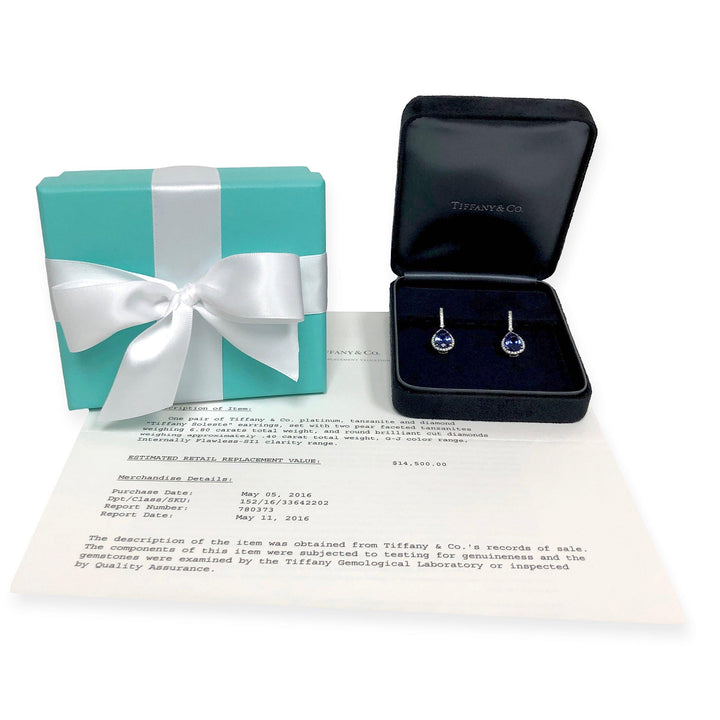 Tiffany & Co. Platinum Soleste Pear 6.80ct Tanzanite Diamond Drop Earrings