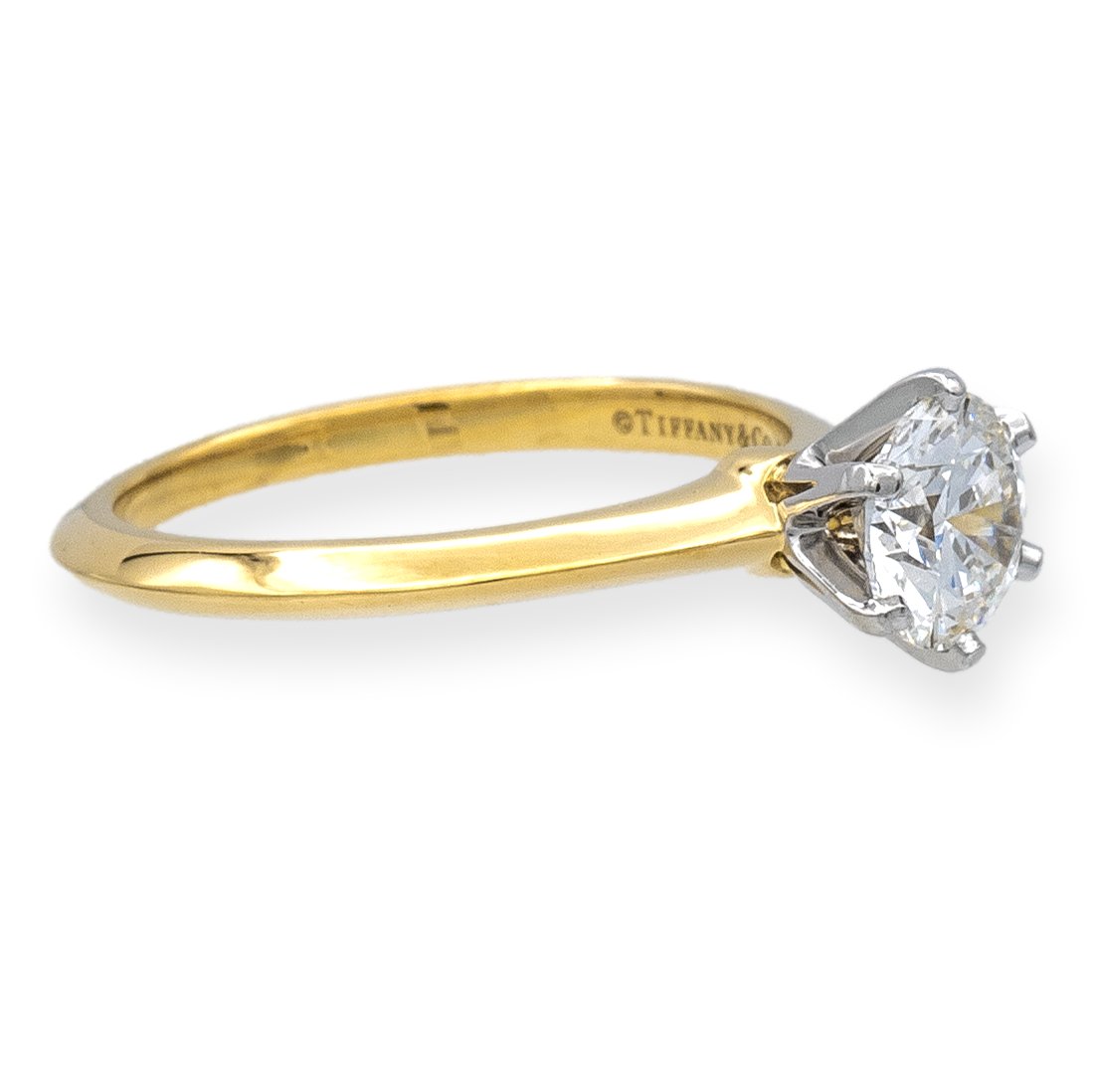 Tiffany Co. 18K Gold Platinum Round Diamond Engagement Ring .91Ct IV The Diamond Oak