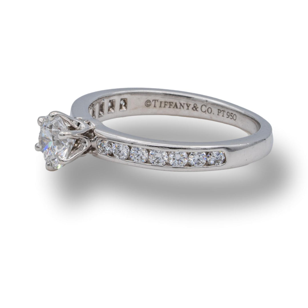 Tiffany & Co. Platinum Round Diamond Engagement Ring with Diamond band .73 cts total FVS2