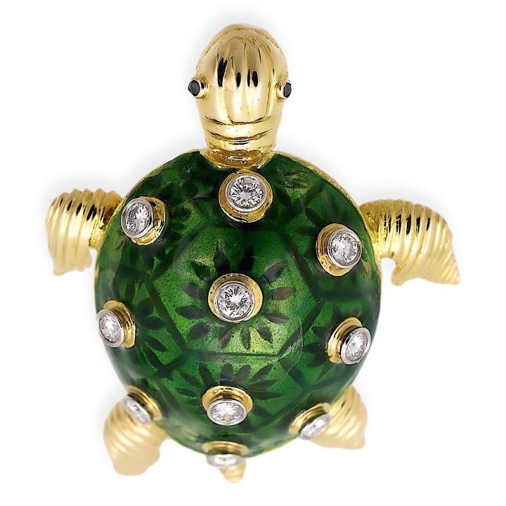 Vintage 18K Yellow Gold Diamond Green Enamel Turtle Brooch