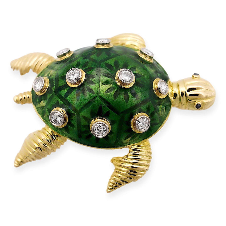 Vintage 18K Yellow Gold Diamond Green Enamel Turtle Brooch