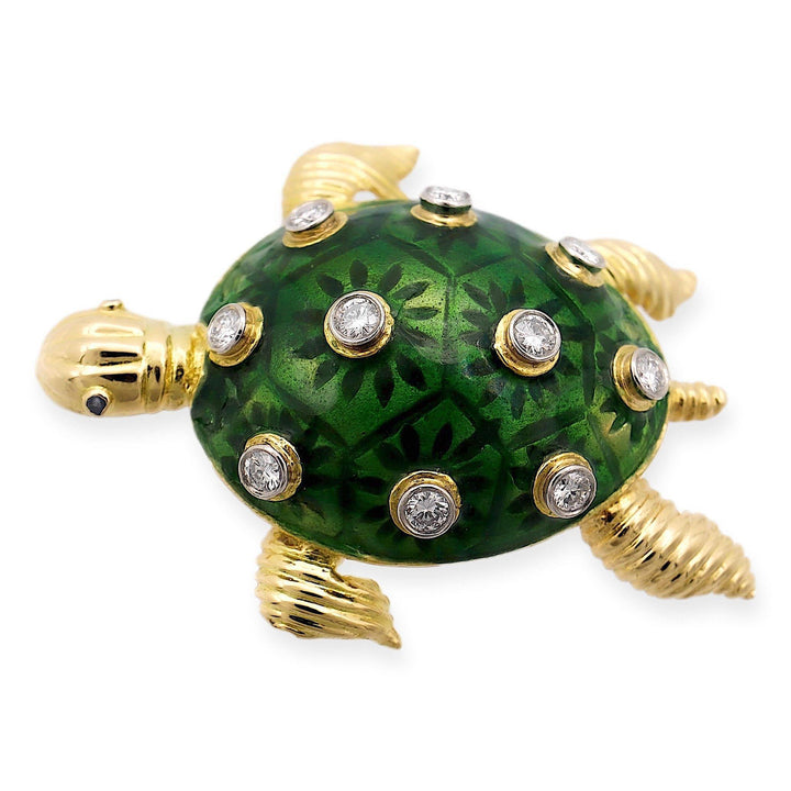 Vintage 18K Yellow Gold Diamond Green Enamel Turtle Brooch