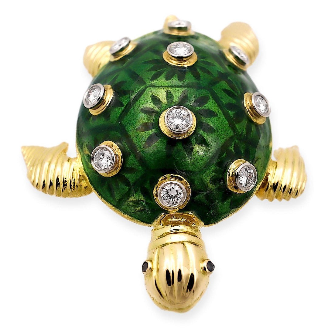 Vintage 18K Yellow Gold Diamond Green Enamel Turtle Brooch