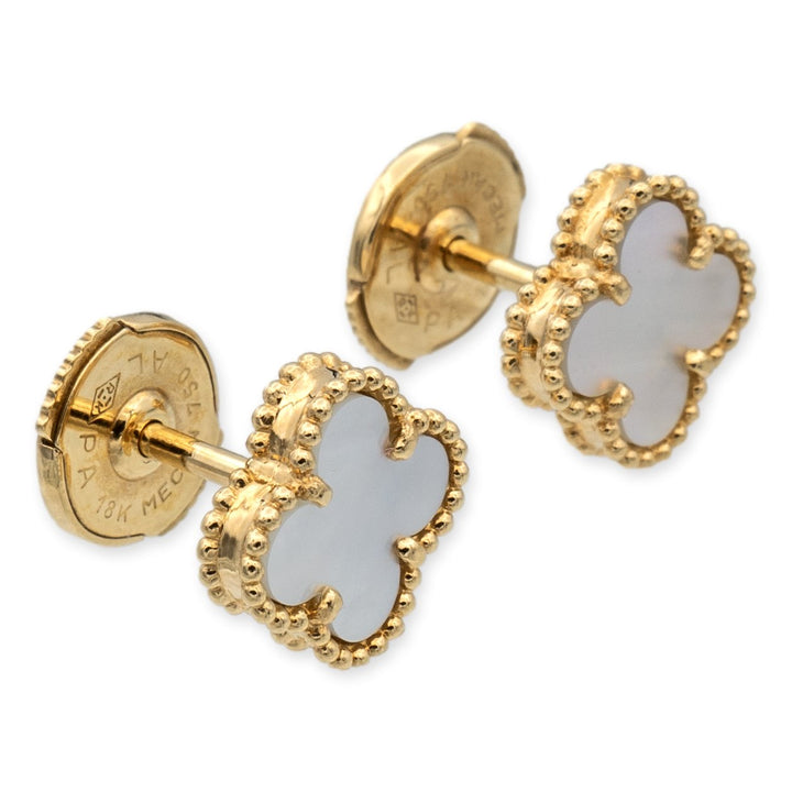 Van Cleef & Arpels Sweet Alhambra 18K Yellow Gold Mother of Pearl Stud Earrings